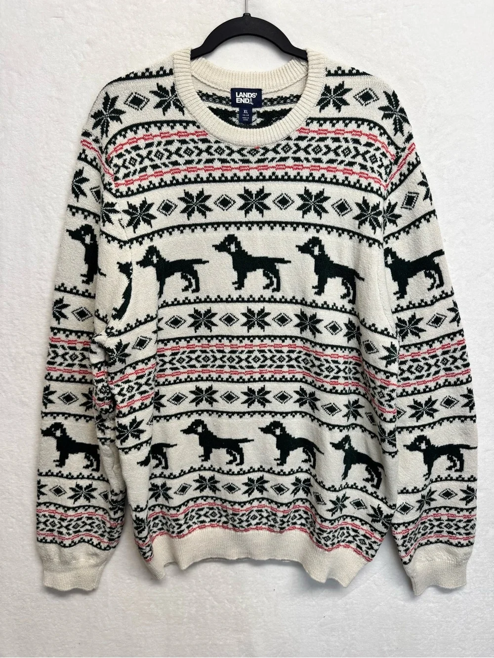 Lands End Sweater Mens XL Ivory Fair Isle Stretch Dog Pullover Stretch